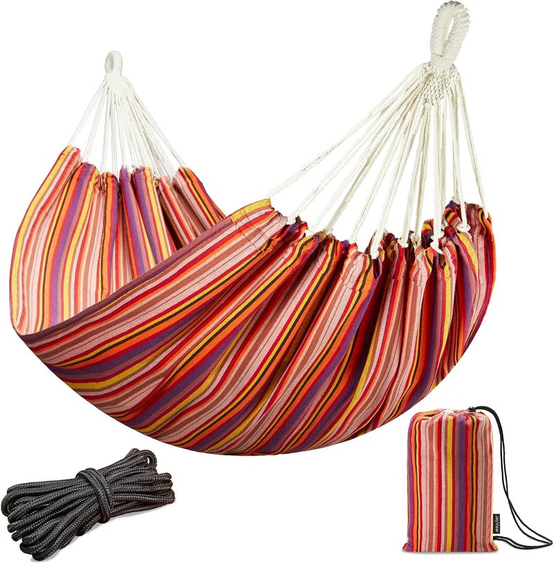 JoyView Brazilian Double Hammock with Hanging Ropes Extra Large 86.6x59” Portable Cotton Hammock for Patio Backyard Porch 450LBS Weight Capacity Perfect for Outdoor/Indoor - Red Stripes - Image 1